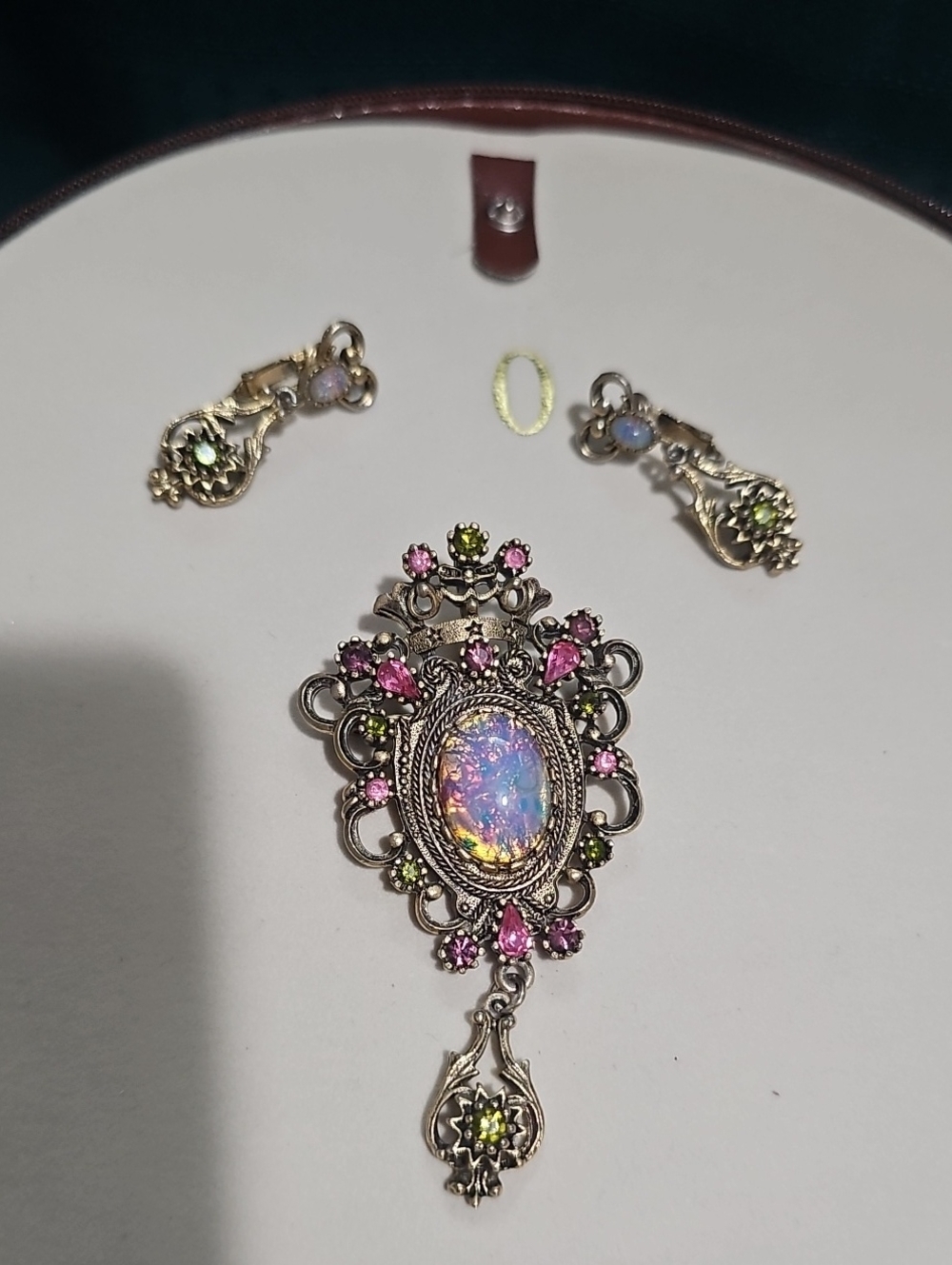 Sarah Coventry Pink and Green Opalescent Brooch With Earrings